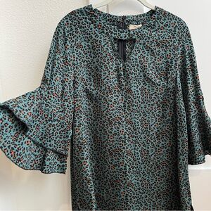 Womens Teal Leopard Print Ruffle Sleeve Top